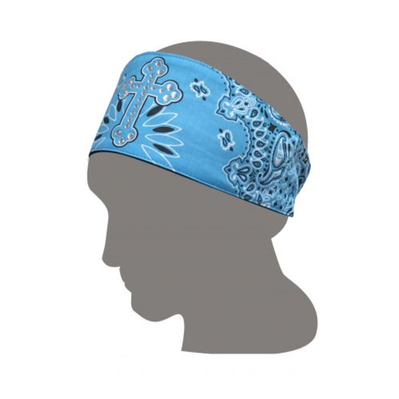 #37054: Chop Top Light Blue and Black bandana Doo wrap with rhinestone cross with velcro back