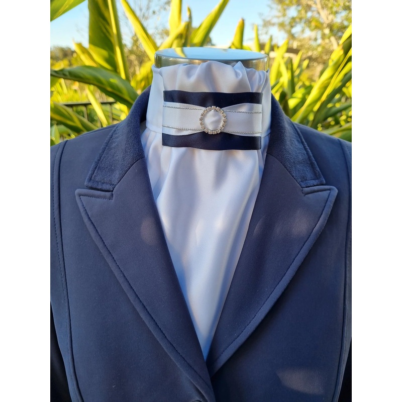Cadenza Stock Tie ~  White Euro style with Navy Ribbon and white crystal center