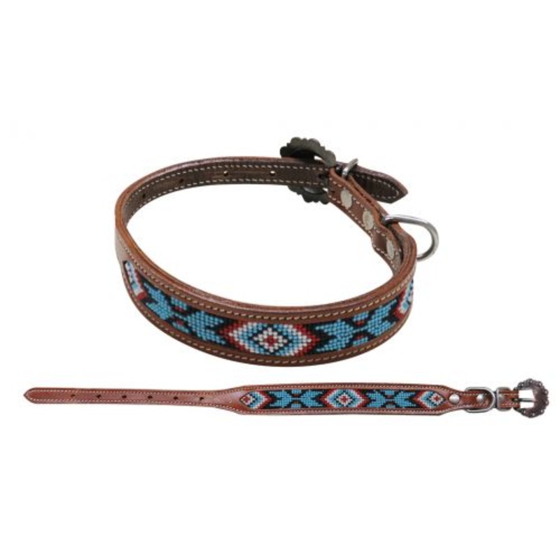 #DC-03: Showman Couture Beaded inlay leather dog collar with copper buckle