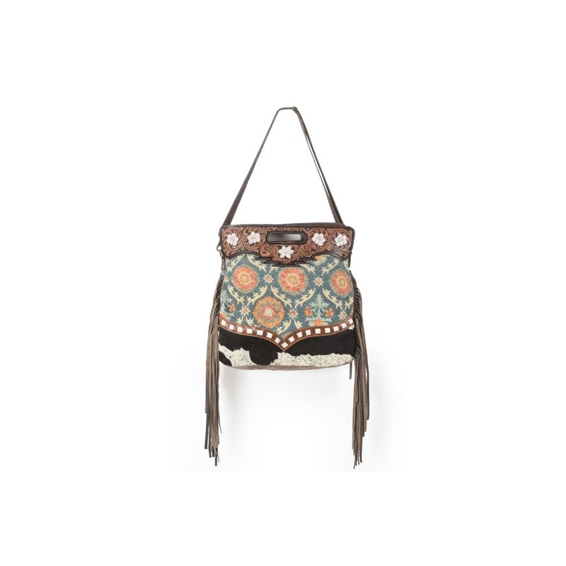 Klassy Cowgirl 17″ x 17″ Handtooled Leather Crossbody Bag With Handblocked Rug and Leather Fringes