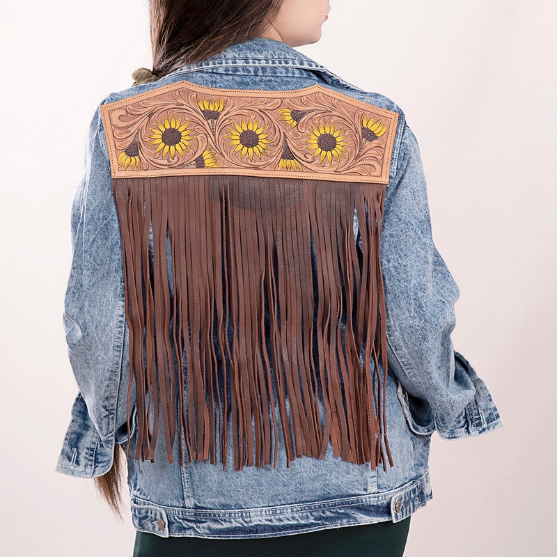 ADJKT002 Genuine leather Hand tooled hand carved Women 100% cotton Denim jacket  dress ladies girl
