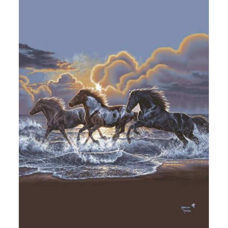 #G4975: Showman Couture Luxury plush blanket with running horses on a beach print