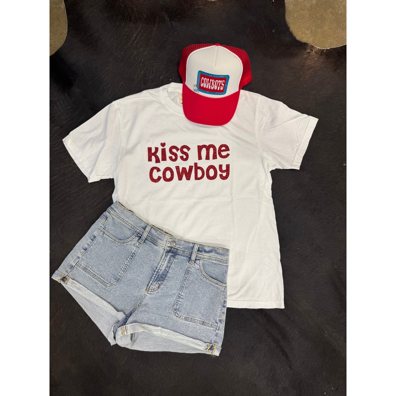 Kiss Me Cowboy Red Glitter Tee
