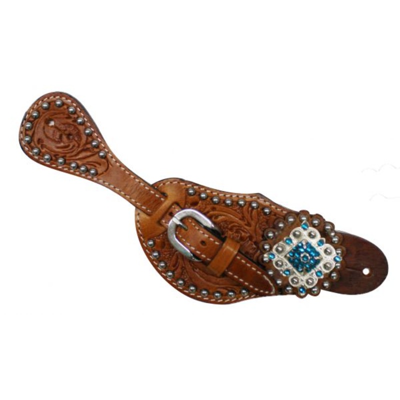 Showman Ladies Tooled Leather Spur Straps with Diamond Shaped Blue Rhinestone Conchos