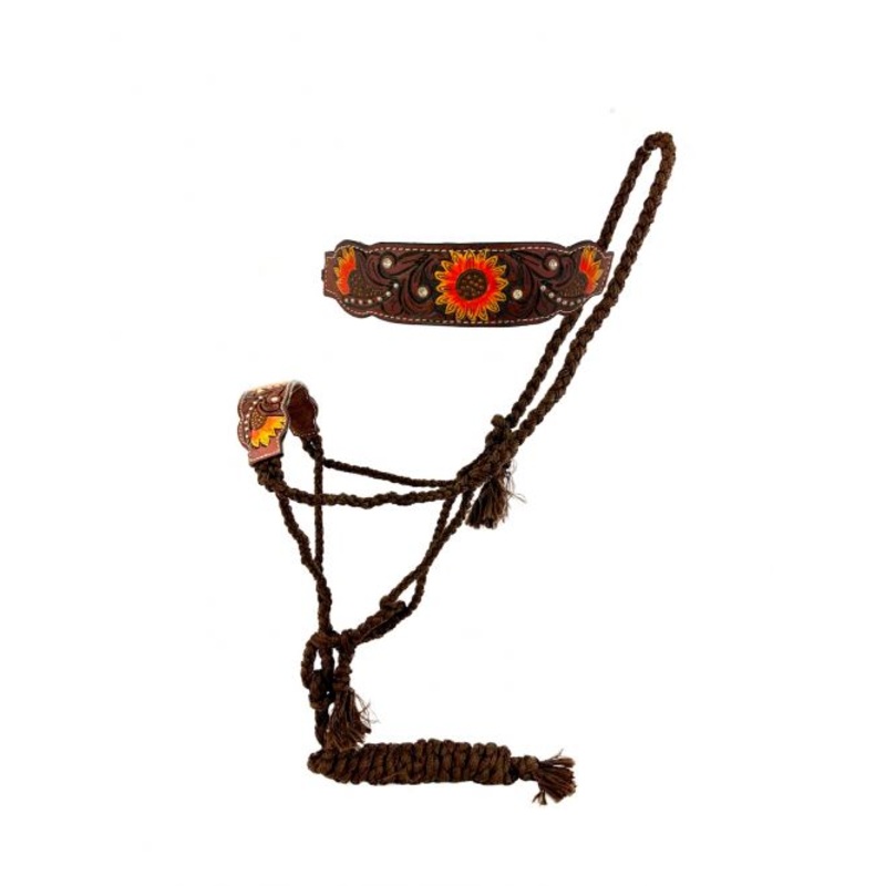 #202537: Showman Woven brown nylon mule tape halter with hand painted sunflower noseband