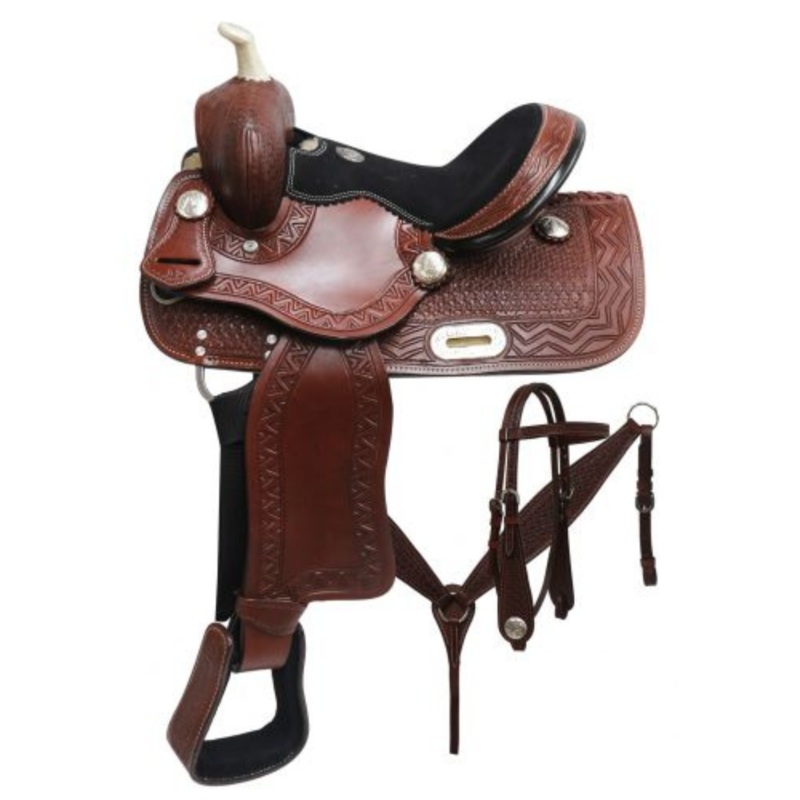 12″ DOUBLE T YOUTH BARREL STYLE SADDLE SET WITH ZIGZAG AND BASKET WEAVE TOOLING