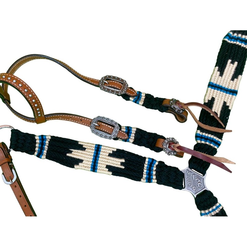 Showman Pony Size Corded One Ear Headstall & Breast collar set – Black, white, and blue