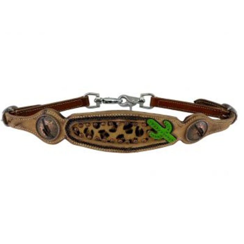 #WS-27: Showman  wither strap with a painted cactus design, cheetah hair on inlay and copper ca