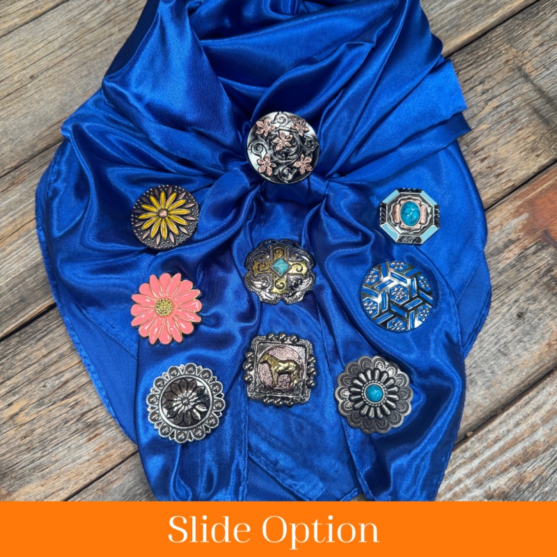 35X35″ Solid Electric Blue Wild Rag / Scarf WRS17 – Western Concho Wild Rag Slides – Assorted