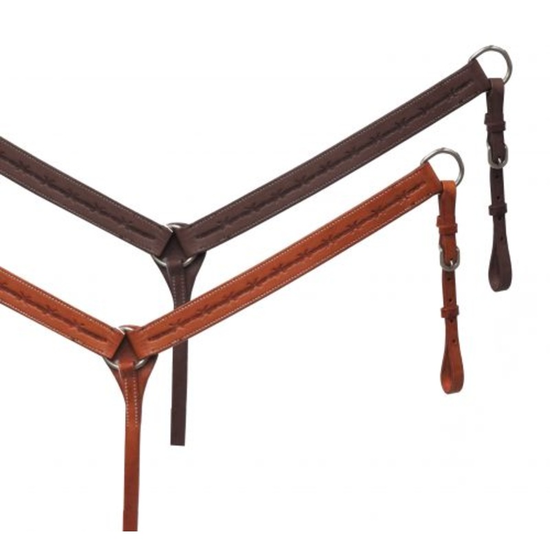 #72016: Showman  Argentina cow leather breast collar with barbed wire tooled design
