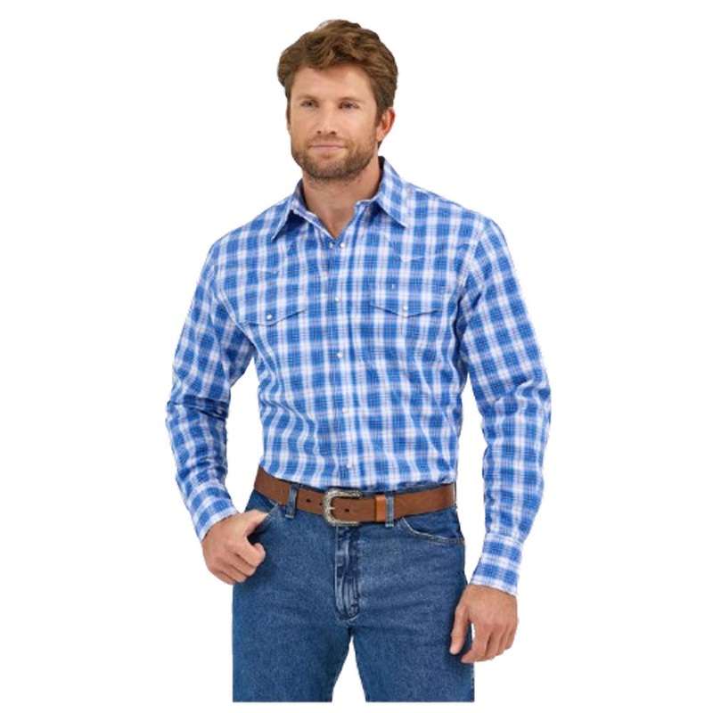 112359472 Wrangler Men’s Wrinkle Resist Classic Fit Long Sleeve Snap Shirt –  Blue