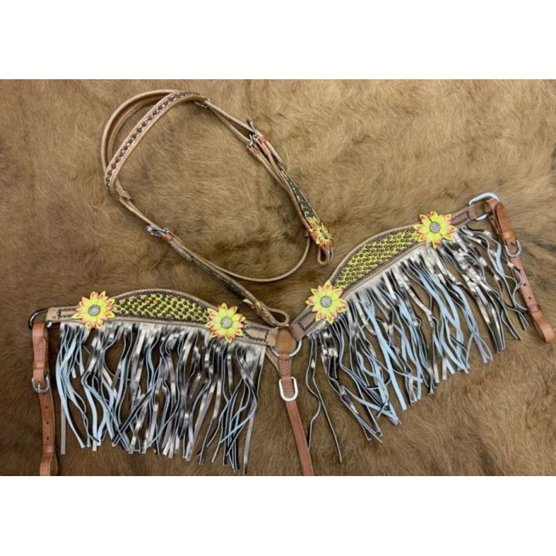 3d Floral accent gold leather fringe tack set