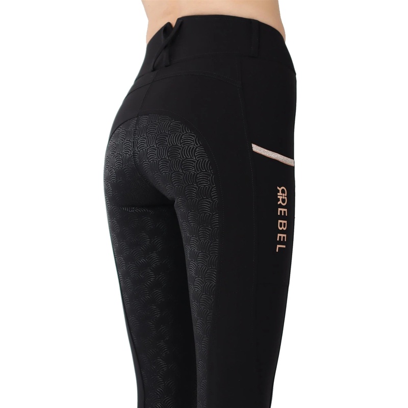 Montar REBEL Rosegold Logo & Pipe Full Grip Mid Rise Breeches, Black
