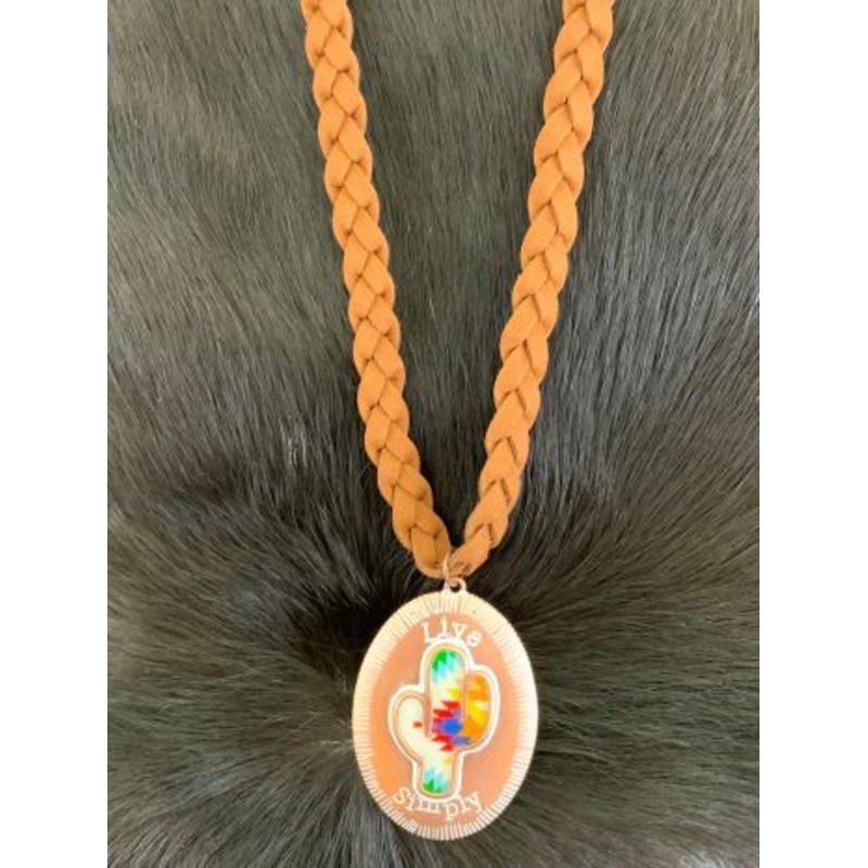 #ON2286RTLBN: Braided 26″ brown suede necklace, with copper pendant featuring cactus design with “L