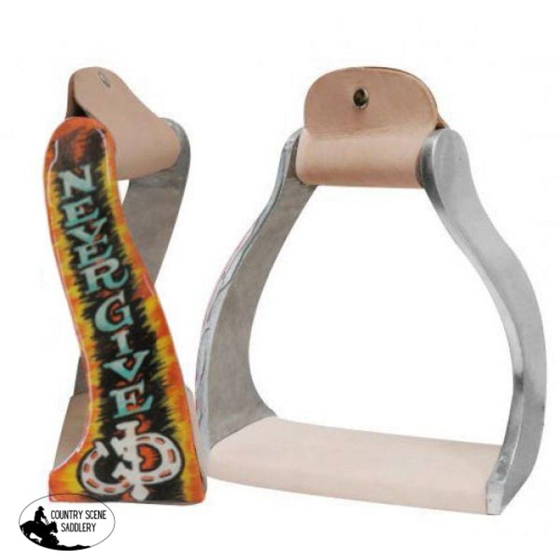 Showman Lightweight twisted angled aluminum stirrups with shimmering ” Never Give Up” painted design.