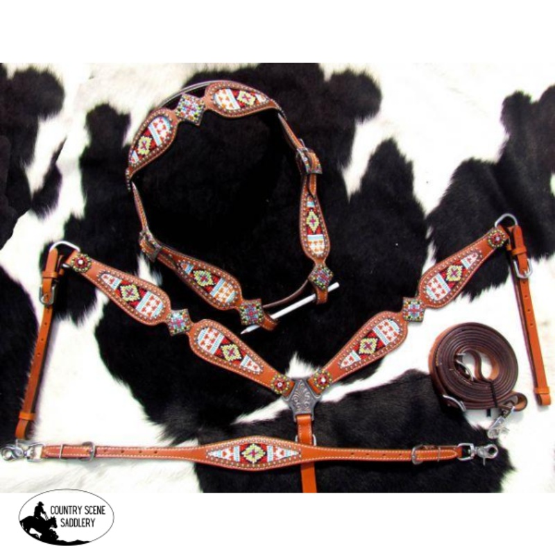 Showman Multi Colored beaded browband headstall and breast collar 4 piece set.
