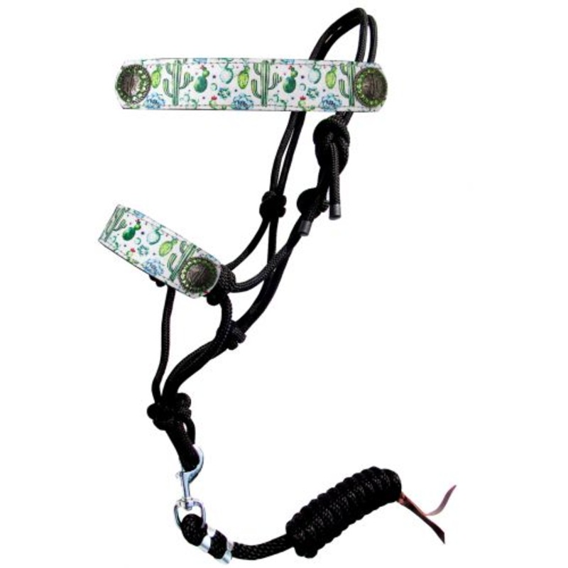 #16653: Showman  Cactus print cowboy knot rope halter with leather nose