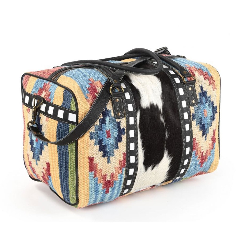 Klassy Cowgirl 19″ x 12″ Handblocked Rug Duffle Bag with Hair on Cowhide patch