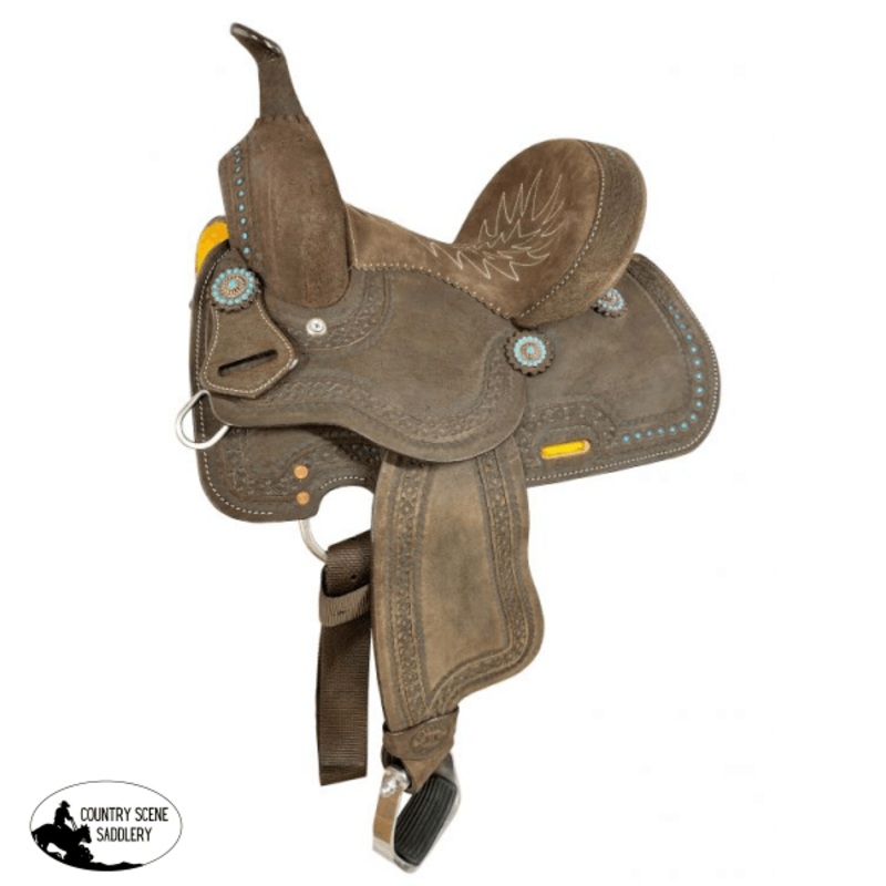 10″ Double T Barrel style saddle with Teal buckstitch accents