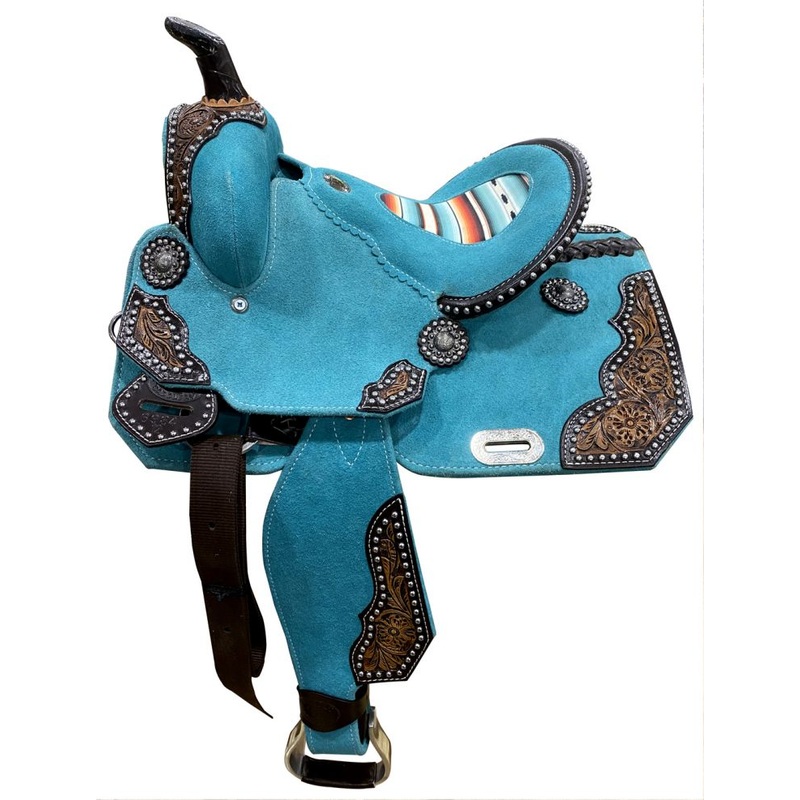 12″ DOUBLE T  Teal Rough Out Barrel style saddle with Southwest Printed Inlay