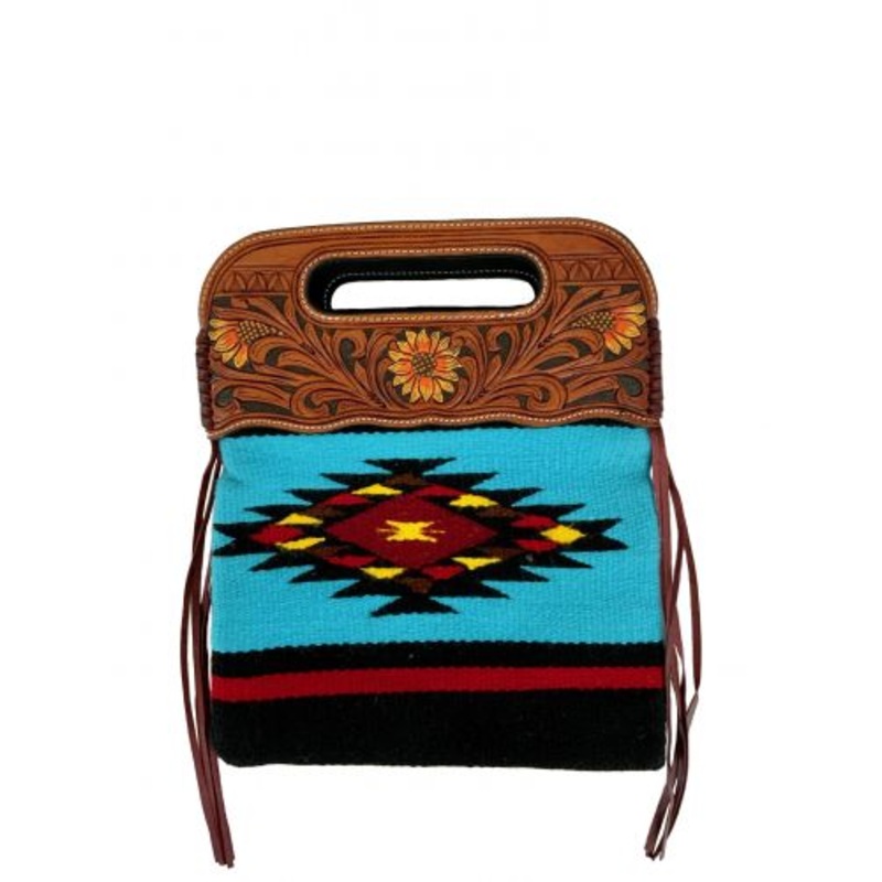 #202525: Showman  Saddle blanket handbag with genuine leather floral tooled handle with painted su