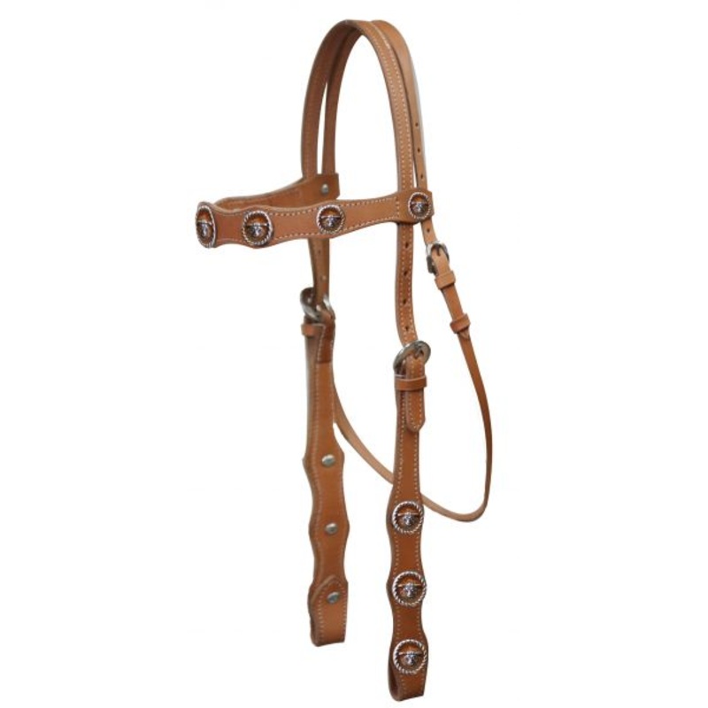 #4010: Leather double stitchedheadstall with steer head conchos on browband and cheeks