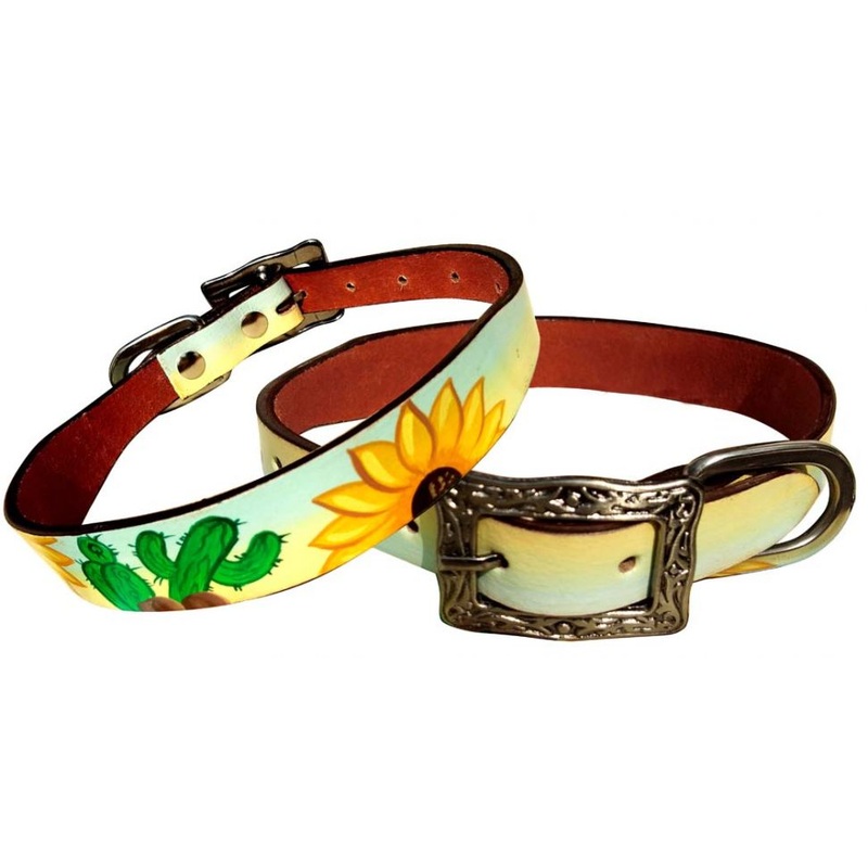 #176950: Showman Couture Sunflower and Cactus overlay leather dog collar