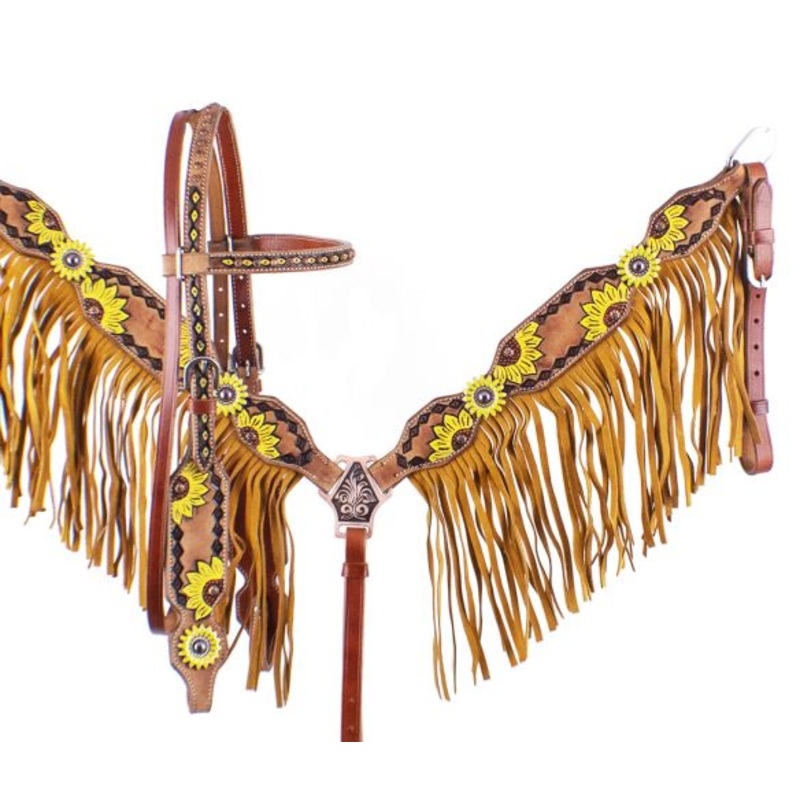 Showman Hand Painted Sunflower Brow band Headstall and Breast collar Set with Sunflower Conchos