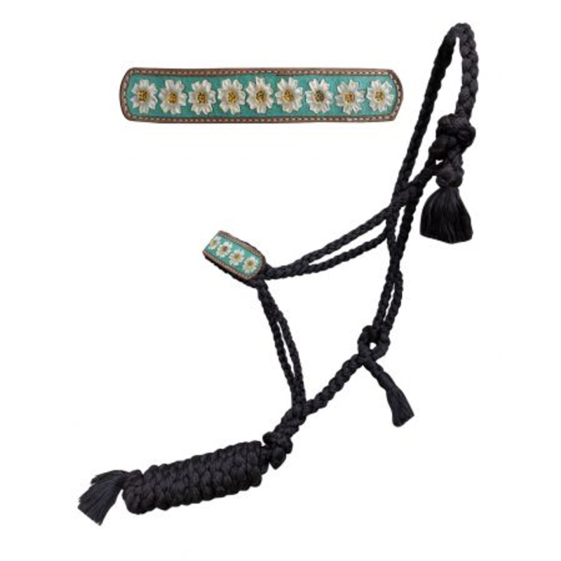 Showman Woven black nylon mule tape halter with hand painted flower accent with teal inlay on the noseband