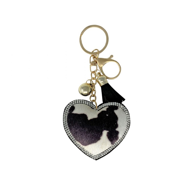Bedazzled hair on cowhide heart keychain with clip and tassel