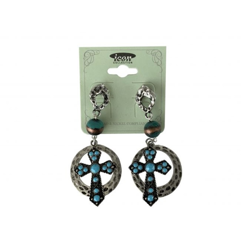 Cross Dangle earrings with stud back and turquoise stone accents Lead and Nickel Compliant