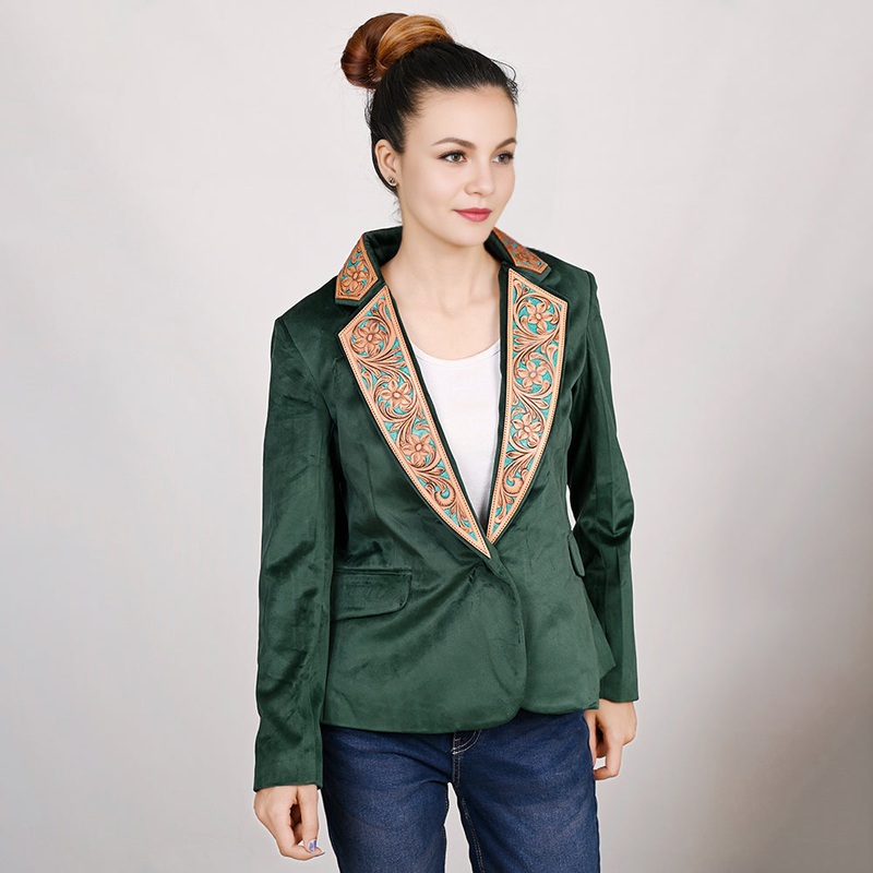 ADBZ024 Genuine leather Hand tooled hand carved Women Blazer dress jacket ladies Girl