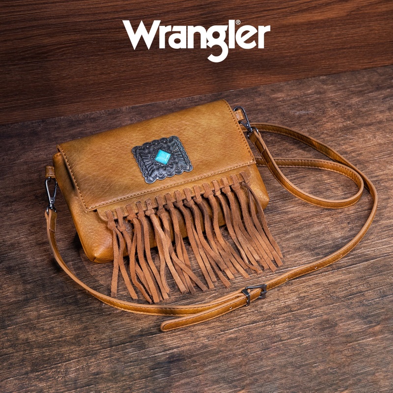 Wrangler Turquoise Stone Concho Fringe Clutch/Crossbody Brown-FREE SHIPPING