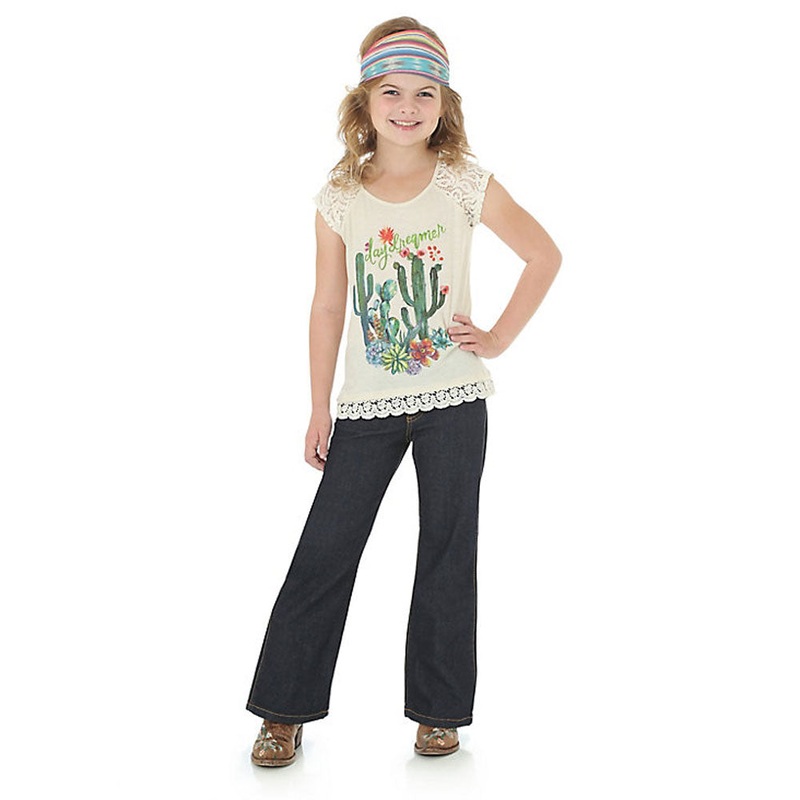 09MWGFW Wrangler Girls’ Premium Patch Boot Cut Jeans – Medium Blue