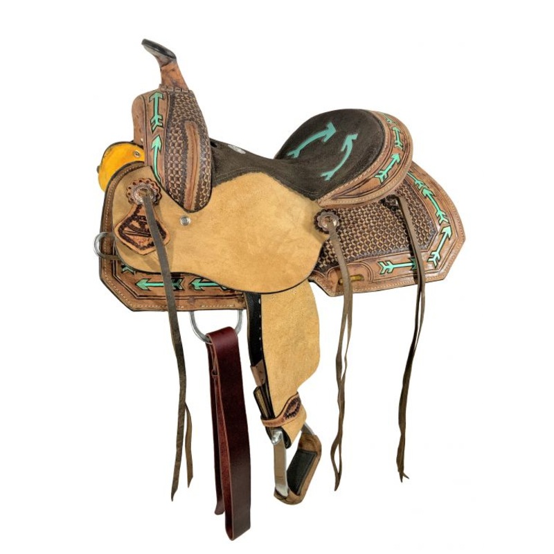 12 Double T Youth Hard Seat Western saddle with teal arrow Accents