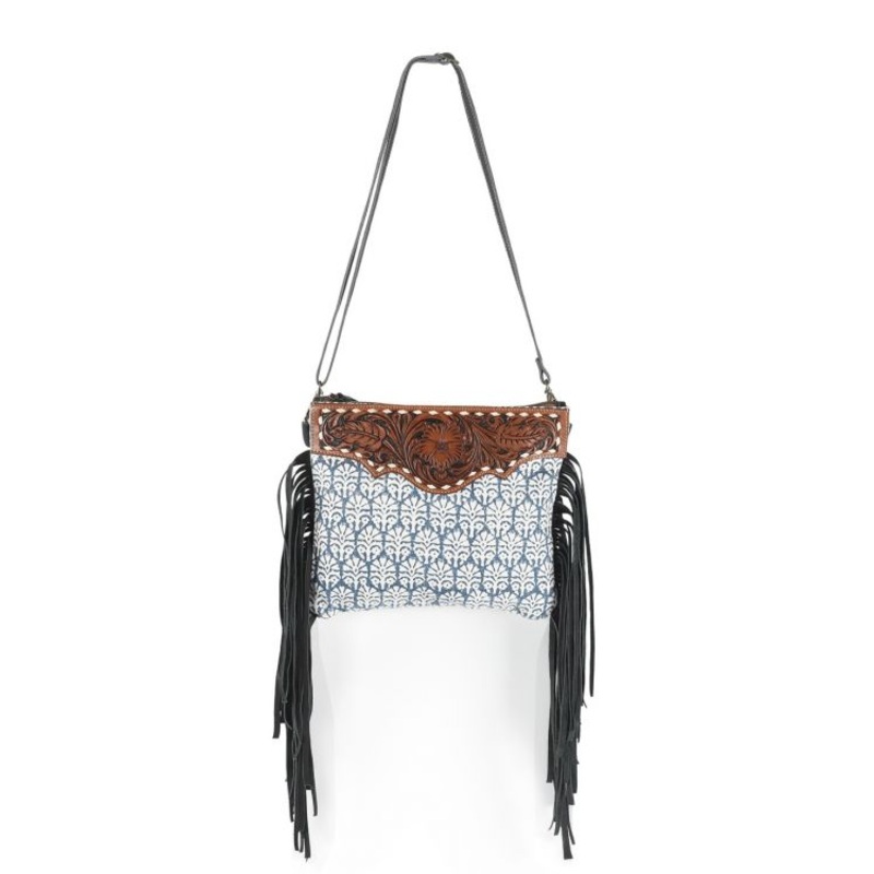 Klassy Cowgirl 12″ x 10″ Canvas Tote Handbag with Leather tooling and fringe