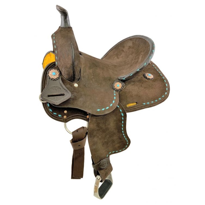 12 Double T Barrel style saddle with Teal buckstitch accents