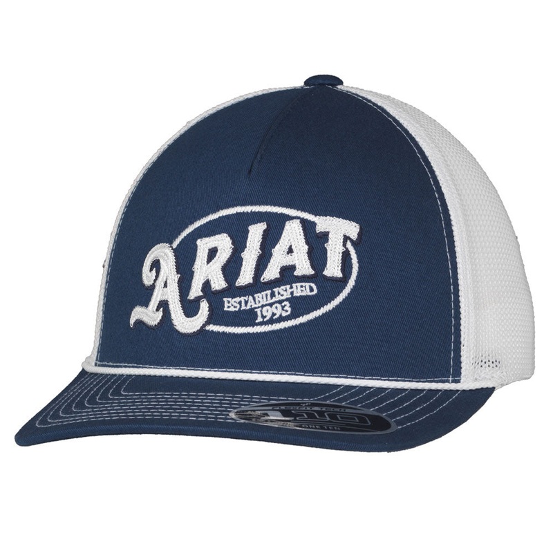 A300086603 Ariat Men’s FlexFit Embroidered Rope Edge Logo Ball Cap – Navy & White