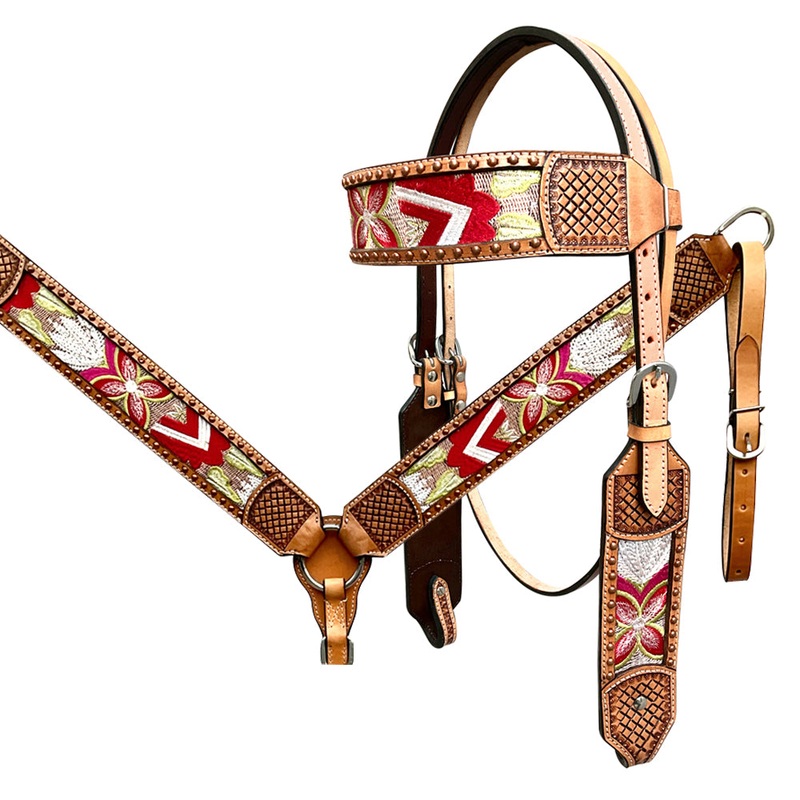 Bar H Equine Western Leather Horse Headstall & Breast Collar Brown