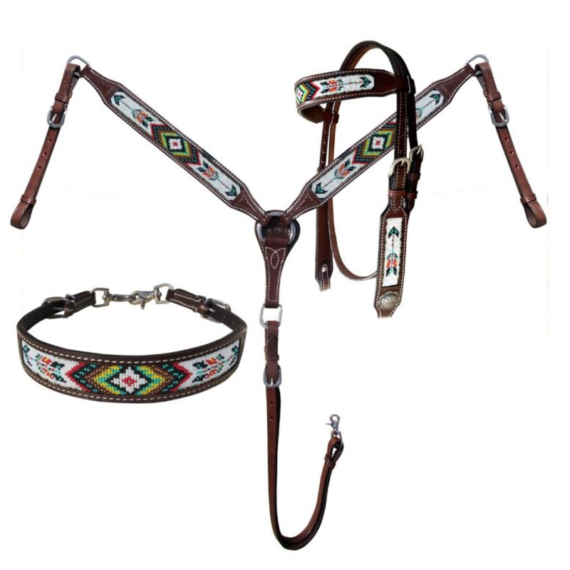 Showman Argentina Leather Beaded Southwest Arrow Design 3 Piece Headstall and Breastcollar Set