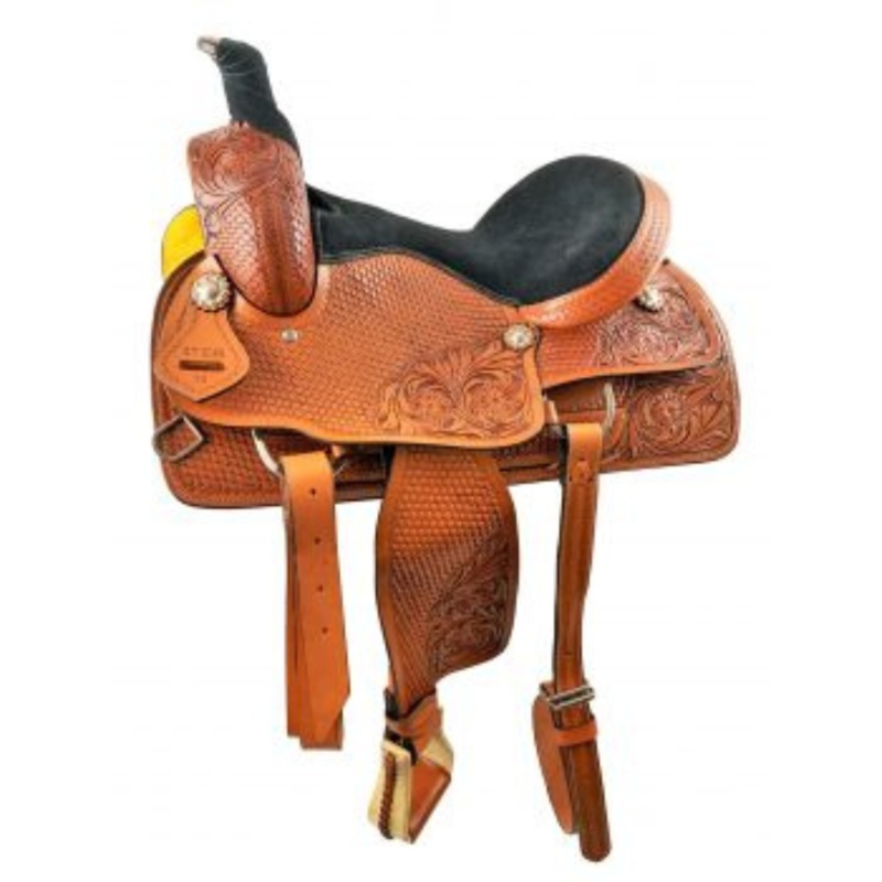 16″ MEDIUM OIL ROPING STYLE SADDLE WITH ROUGH OUT FENDERS & JOCKEYS WITH FLORAL/BASKET WEAVE COMBO TOOLING