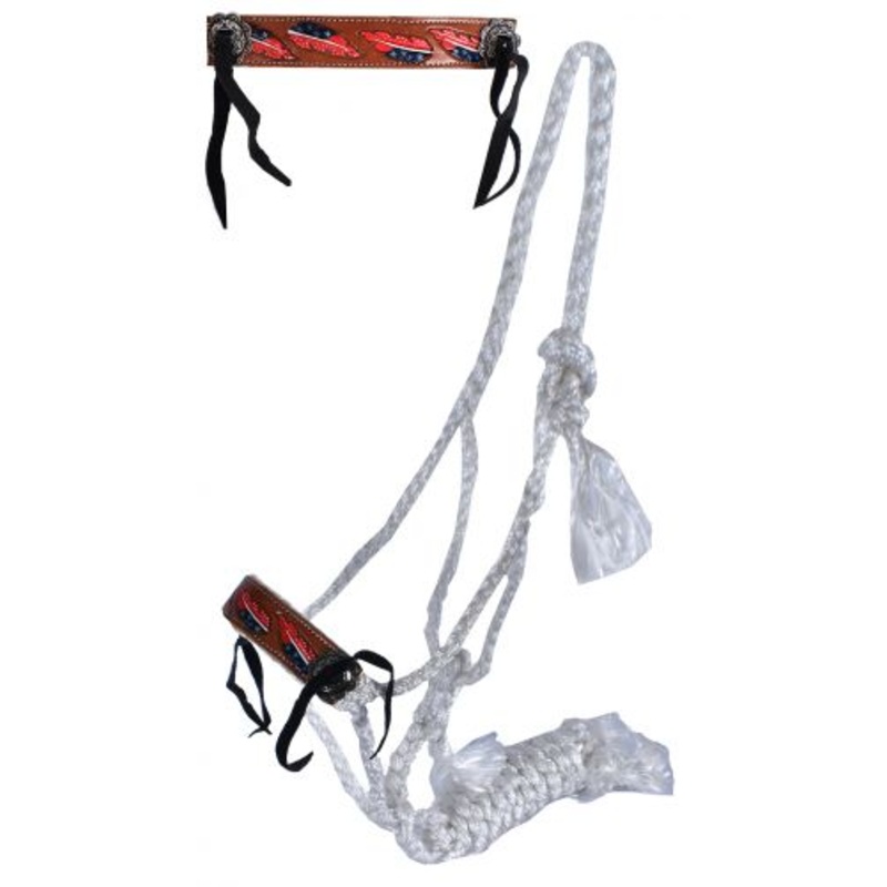 #722741: Showman Woven white nylon mule tape halter with red, white, and blue feather design