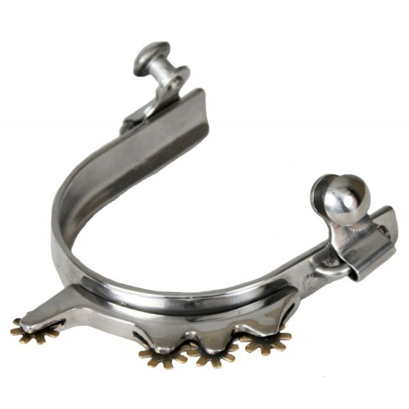 #95082: Showman stainless steel humane rowel bumper spur with 4 brass rowels in sideways position