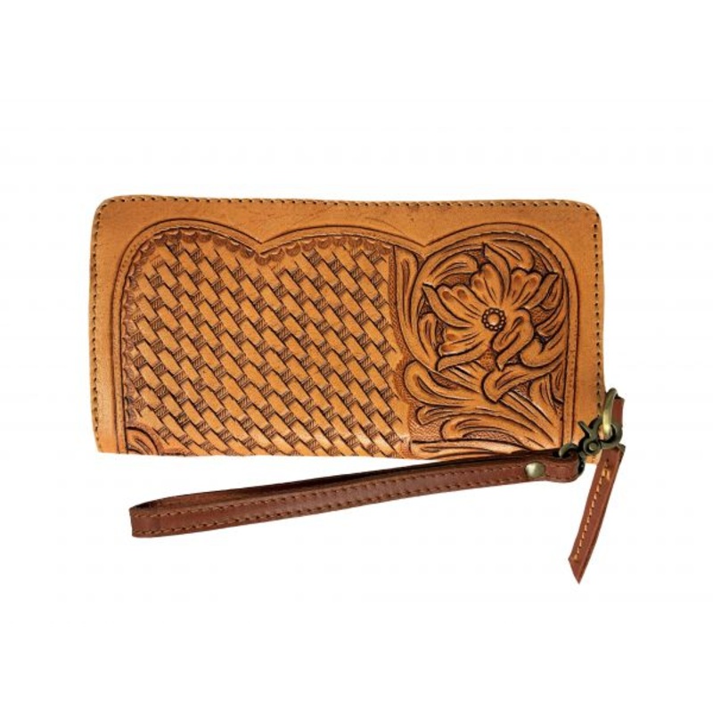 Showman  Genuine Leather Clutch Wristlet with floral basket weave tooling