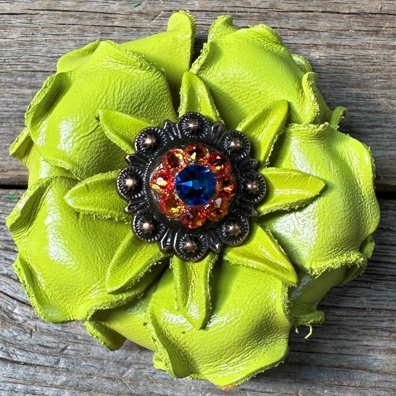 Neon Lime Gardenia Flower With Copper Capri & Fire Opal 1″ Concho