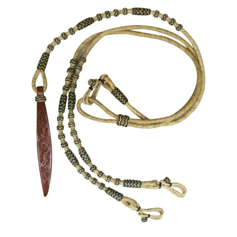 #19130: Showman Braided Natural Rawhide Romal Reins with Leather Popper