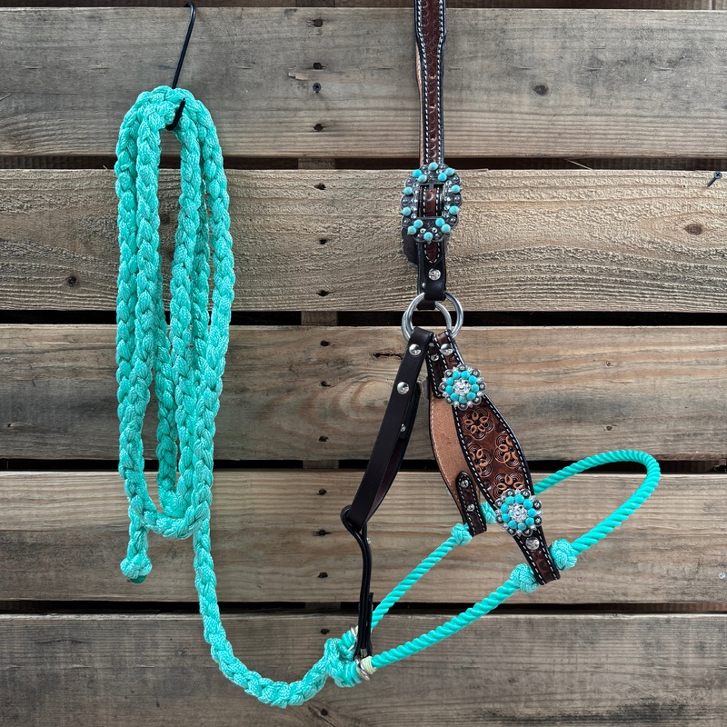 Floral Tooled Lariat & Leather Combo Halter #LH118NW