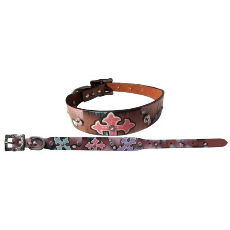 #27475: Showman CoutureGenuine leather dog collar with hand painted cross design