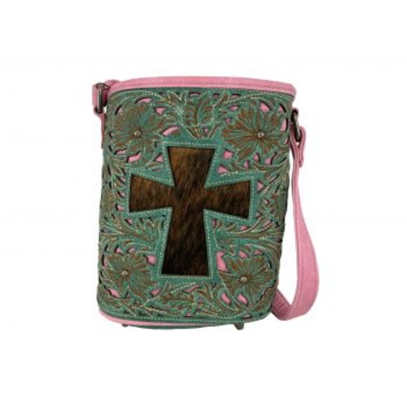#BA1936-E: Turquoise/ Pink  Genuine Leather Crossbody Bag with cross cowhide overlay