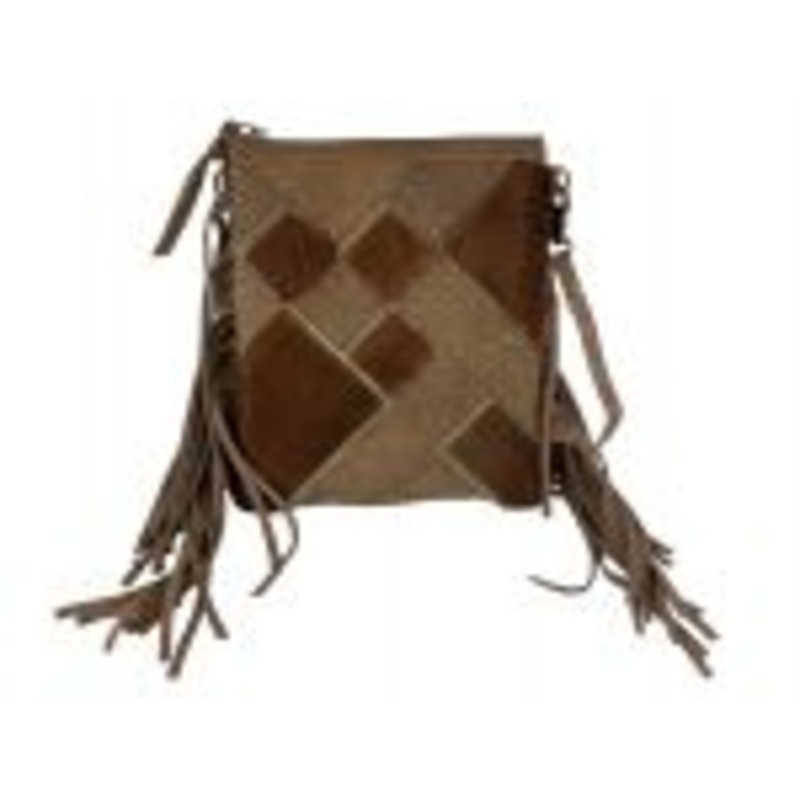 #BA2066-B: Genuine Leather Crossbody Bag with cowhide zig zag design and bead accents